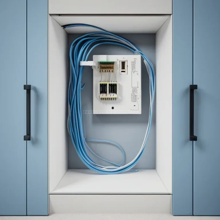 Técnico instalando cableado estructurado en oficina moderna